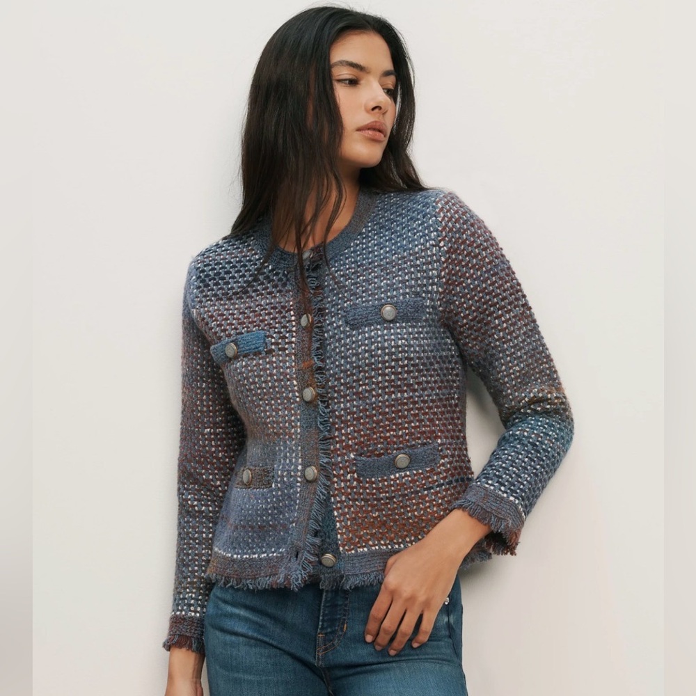 Veronica Beard Sariyah Tweed Knit Jacket Fringe Cotton Blend Multicolor M💙